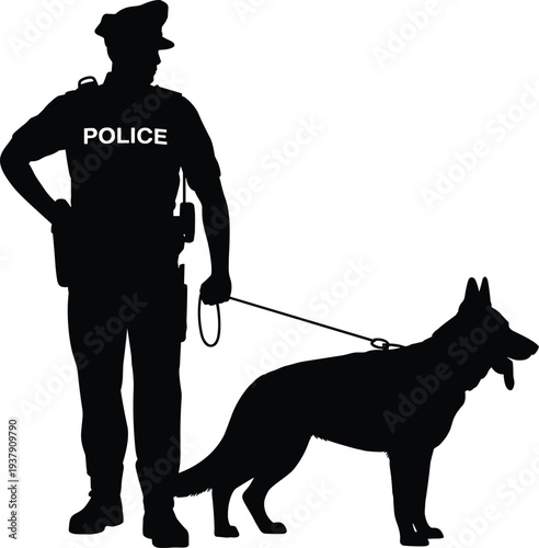 Police officer with K9 dog silhouette, law enforcement canine unit, security patrol illustration vector