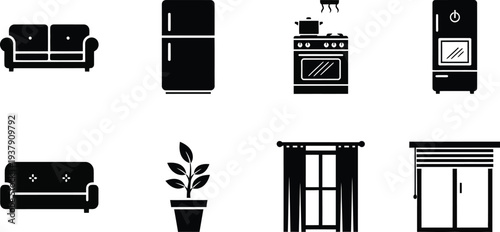 A collection of black silhouette icons representing common household furniture and kitchen appliances, including sofas, refrigerators, stoves, and windows.