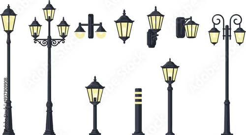 A comprehensive set of street lamps, lampposts, and wall-mounted light fixtures, showcasing diverse classic and modern designs for urban and park settings.