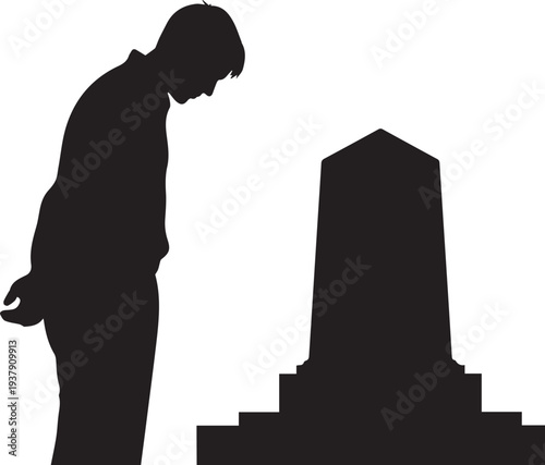 Grave vector silhouette illustration line art of man mourning at tombstone in cemetery site