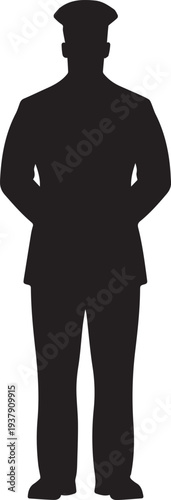Male officer standing at attention vector silhouette illustration line art military profile
