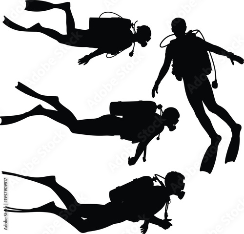 Scuba divers underwater silhouette group swimming with professional diving equipment exploring deep ocean marine environment