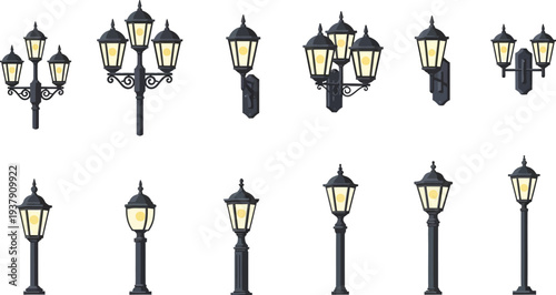 A comprehensive collection of vintage street lamps and wall lanterns in various styles, isolated on a white background for design purposes.