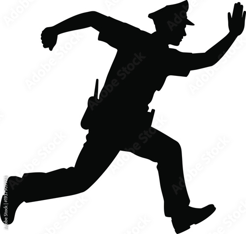 Running police officer silhouette in action isolated on white background law enforcement emergency pursuit concept