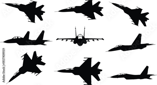 Set of military fighter jet silhouettes isolated showing combat aircraft aviation defense and air force power