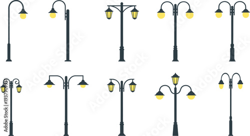 Diverse collection of street lamps and lampposts in various styles, featuring different designs and light configurations, isolated on a clean white background.