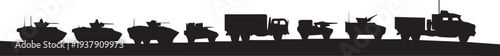 Military vehicles silhouette row vector illustration line art convoy