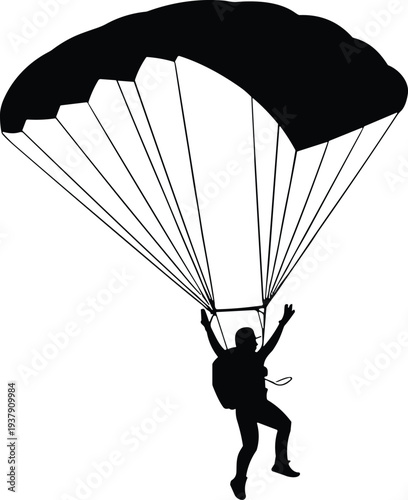Skydiver parachute silhouette descending safely extreme sport airborne adventure landing illustration isolated background concept