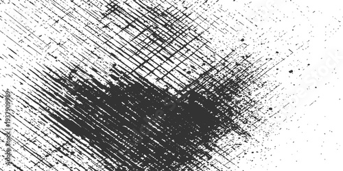 Abstract black scratch marks and splashes on a plain background, with a high angle and close-up composition.