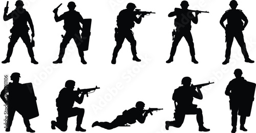 Tactical police and military soldiers silhouette set with weapons isolated on white background security concept