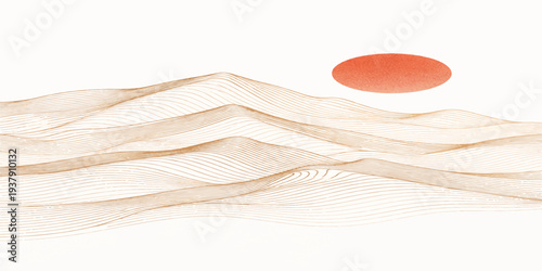 Minimal Desert Dunes Landscape with Soft Sand Waves and Orange Sun – Modern Abstract Nature Illustration.