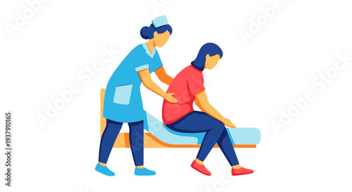 Attentive nurse assisting patient to sit up in hospital bed