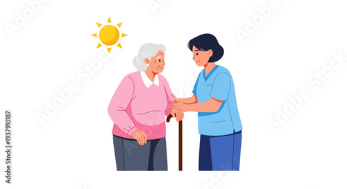 Caregiver assisting senior woman with walking stick outdoors