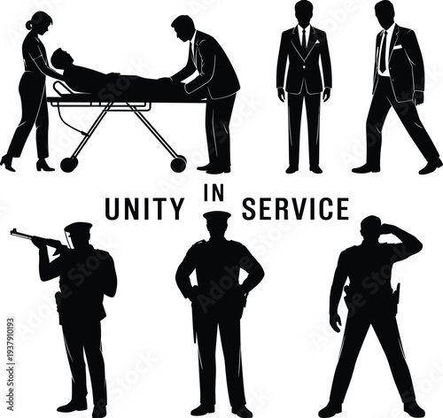 Unity in service concept with police medical and professional silhouettes isolated on white background illustration