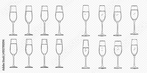 Set of champagne flutes with and without bubbles, elegant celebration drinkware.