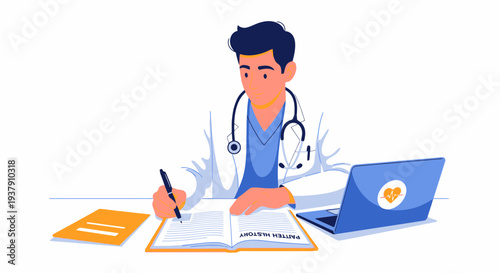Doctor recording patient history in medical journal