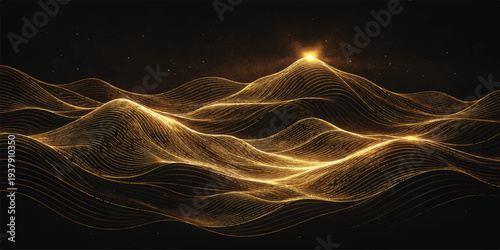 Luxury Golden Light Wave Abstract Background with Glowing Energy Lines on Dark Black Backdrop.