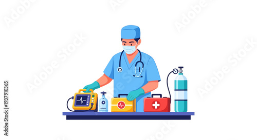 Emergency medical technician preparing life saving equipment on table