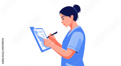 Female medical professional updating patient charts on a clipboard