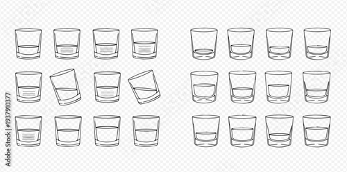 Set of hand-drawn shot glasses, empty and with liquid, in various positions, isolated on a transparent background.