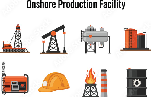 A diagram depicting elements of an onshore production facility including oil derricks tanks generator safety helmet and oil barrel