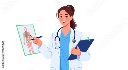 Female physician explaining human anatomy using a medical poster