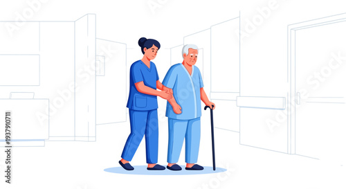 Healthcare worker walking with elderly patient in clinic