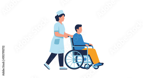 Hospital attendant transporting patient in wheelchair