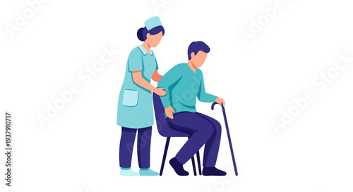 Home health aide assisting senior man with cane