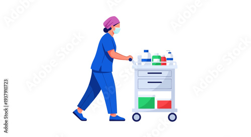 Hospital employee pushing medical supply cart through facility