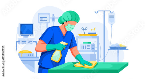 Hospital housekeeper sanitizing medical surfaces