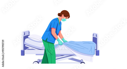 Hospital housekeeping staff preparing clean patient bed linens