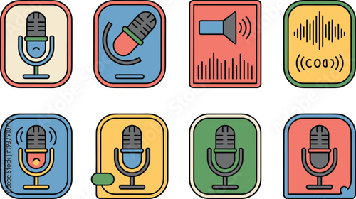 Set of microphone and sound wave icons in colorful outline style for audio recording and broadcasting themes.