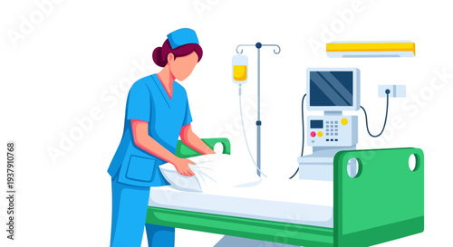 Hospital nurse preparing clean bed in patient room