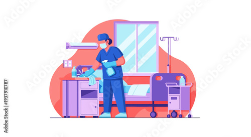 Hospital worker disinfecting patient room surfaces