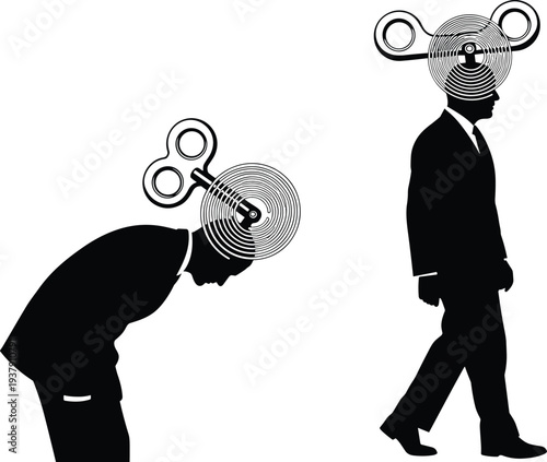 Silhouettes of businessmen with wind-up keys on heads representing corporate burnout, robotic behavior and lack of autonomy in business.