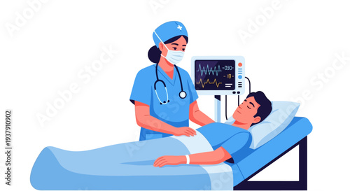 Masked nurse providing bedside care to a recovering patient