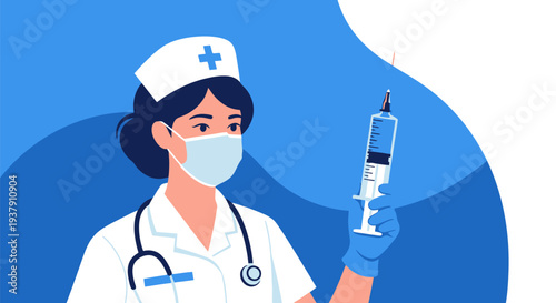 Masked nurse holding medical syringe