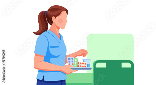 Medical assistant carrying a tray of prescribed medication and pills