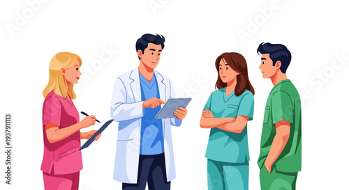 Medical team discussing case with digital tablet