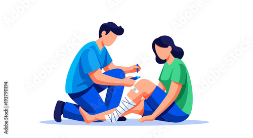 Medical technician dressing a leg injury for a patient in recovery