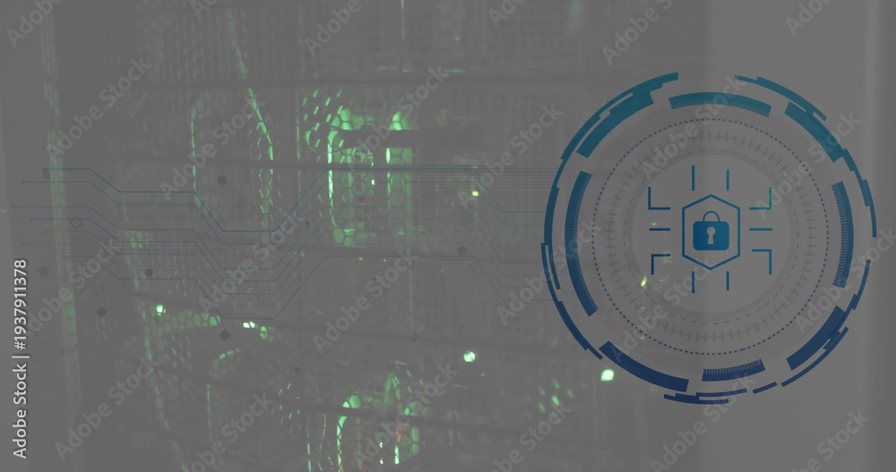 Obraz premium Showing server rack with mesh door, cooling fans, green LEDs and security graphic, copy space