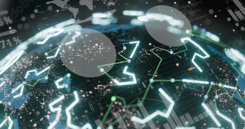 Rotating digital globe showing neon network lines, nodes and bar charts in virtual space