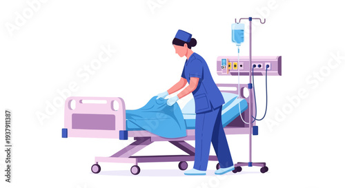 Nurse preparing hospital bed for new patient