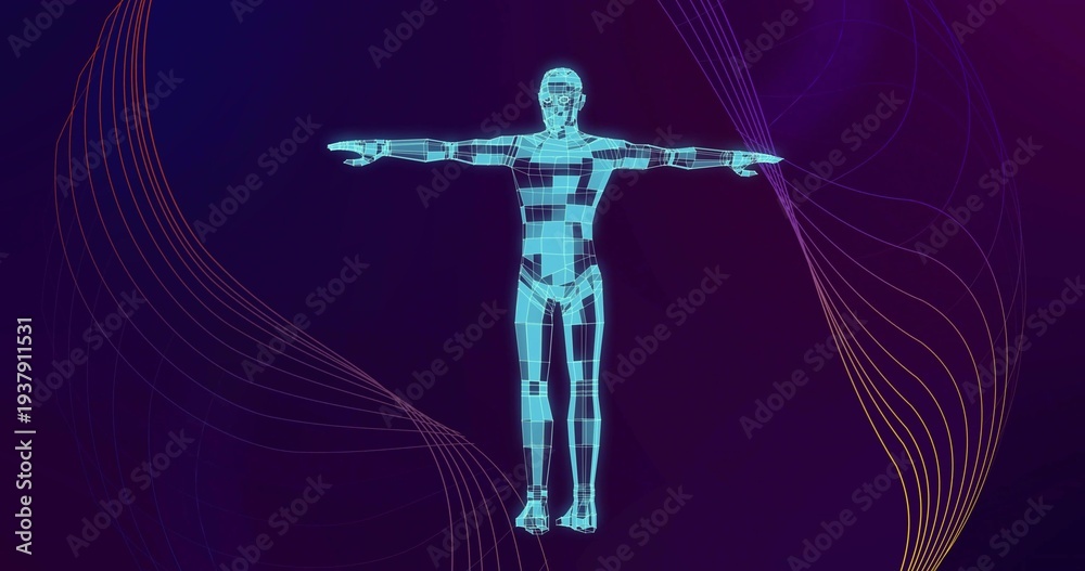 Naklejka premium Standing cyan wireframe humanoid showing T-pose in virtual studio, with mesh panels and ribbons