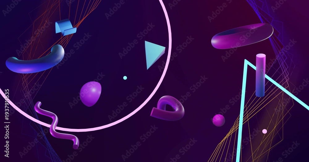 Naklejka premium Floating centered cluster featuring magenta torus, glossy tubes cutting neon-pink arc in studio
