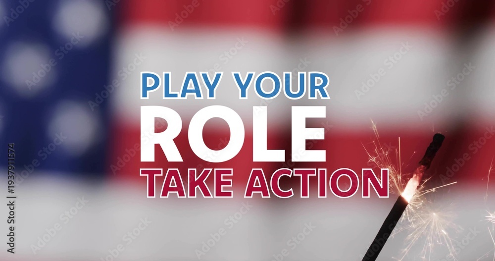 Naklejka premium Displaying centered bold slogan on banner, blurred US flag and lower-right sparkler emitting sparks