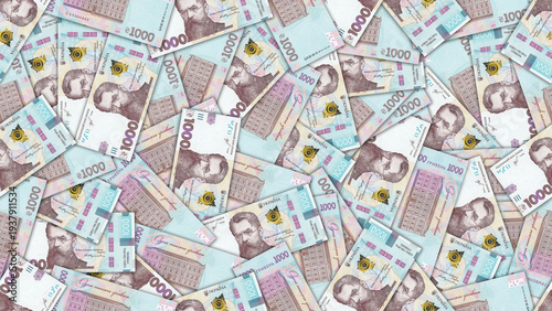 Finance illustration. Seamless pattern. Disorganized scattered paper banknotes of 1000 hryvnias Ukraine. Ukrainian money. Textured background or wallpaper. Obverse and reverse. Bills