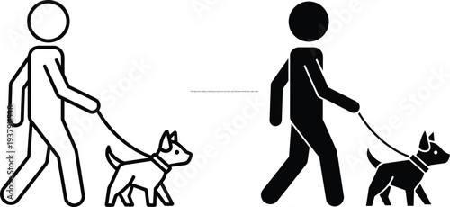 Stick figure man walking a small dog on leash icon set in black solid silhouette and thin line outline styles