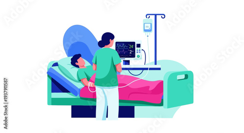 Nursing staff monitoring vital signs of a patient in a hospital ward